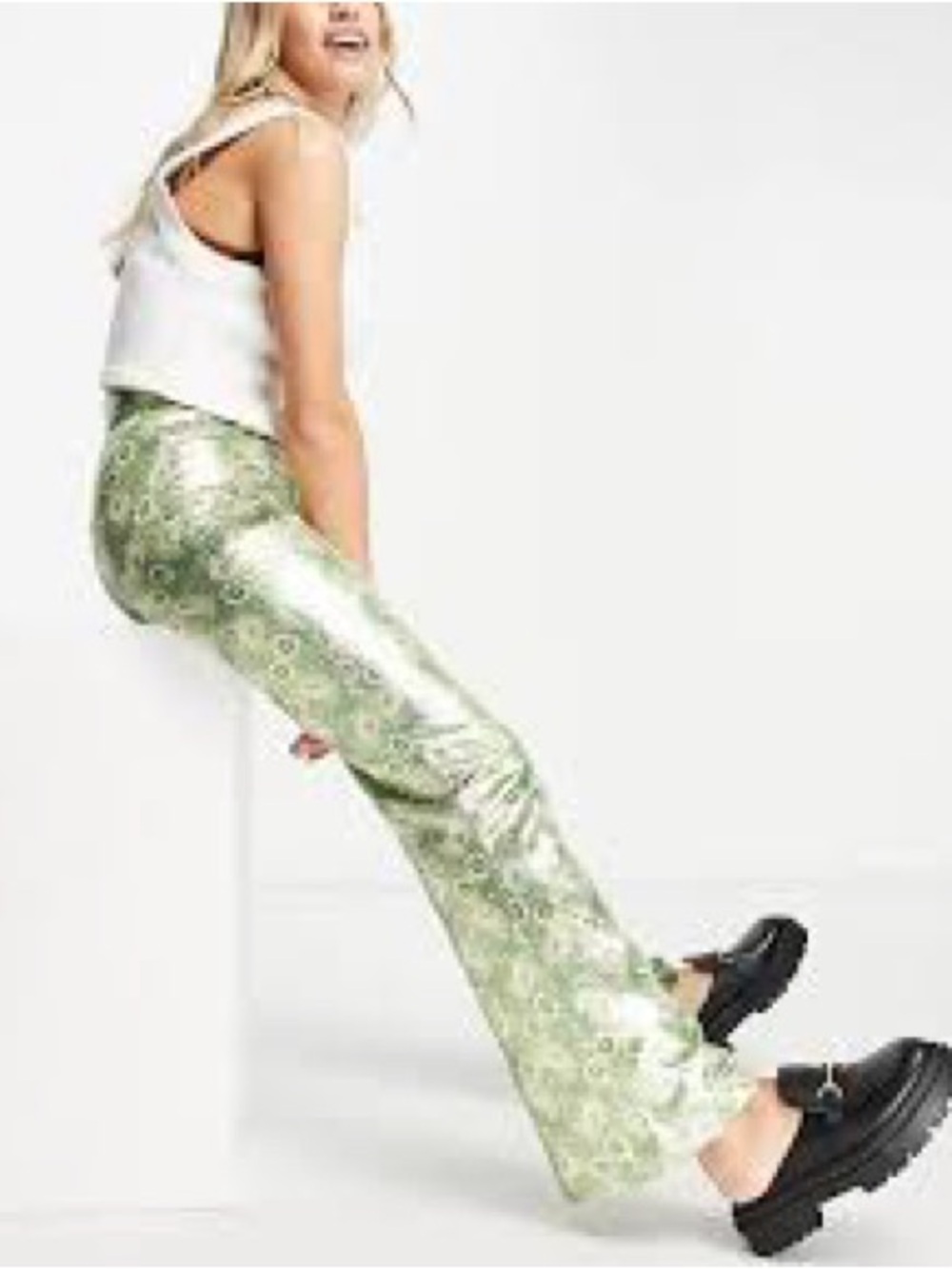 Topshop Shimmery Green Patterned Wide-Leg Pants